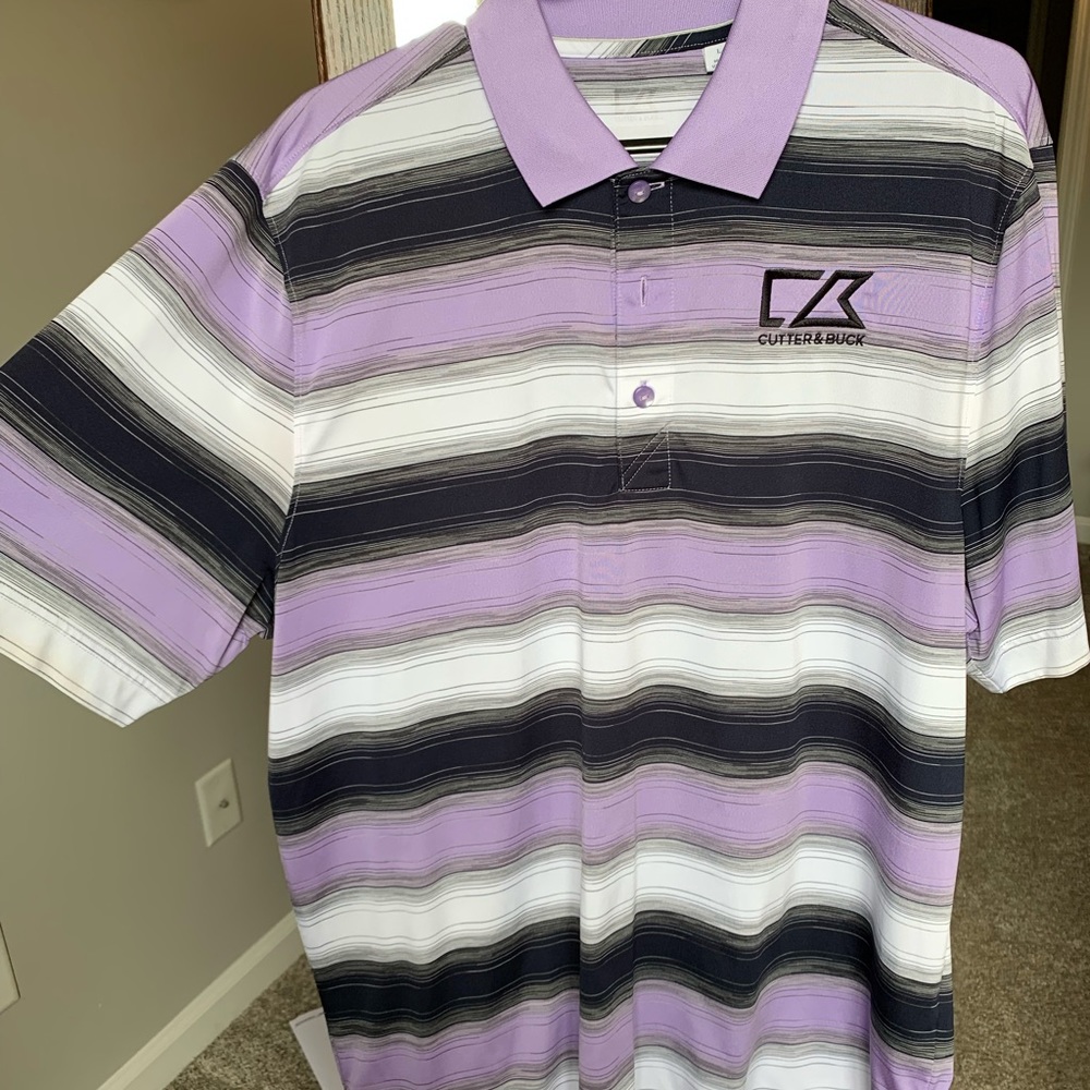 Large, purple, black and white cutter& buck polo